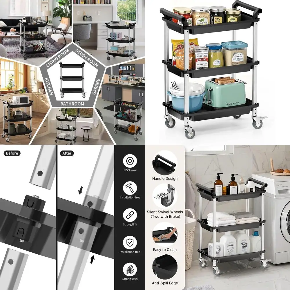 Carrello multiuso in plastica a 3 livelli con ruote bloccabili, organizer multiuso per casa, ufficio e cucina (nero)