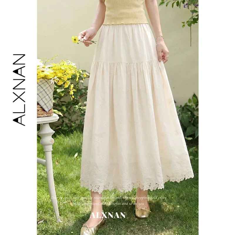 

ALXNAN Women's Long Skirts Summer High Waist Midi Skirt Cotton 100% Ruched Lace Embroidery Trim Elegant Female Clothing L66205