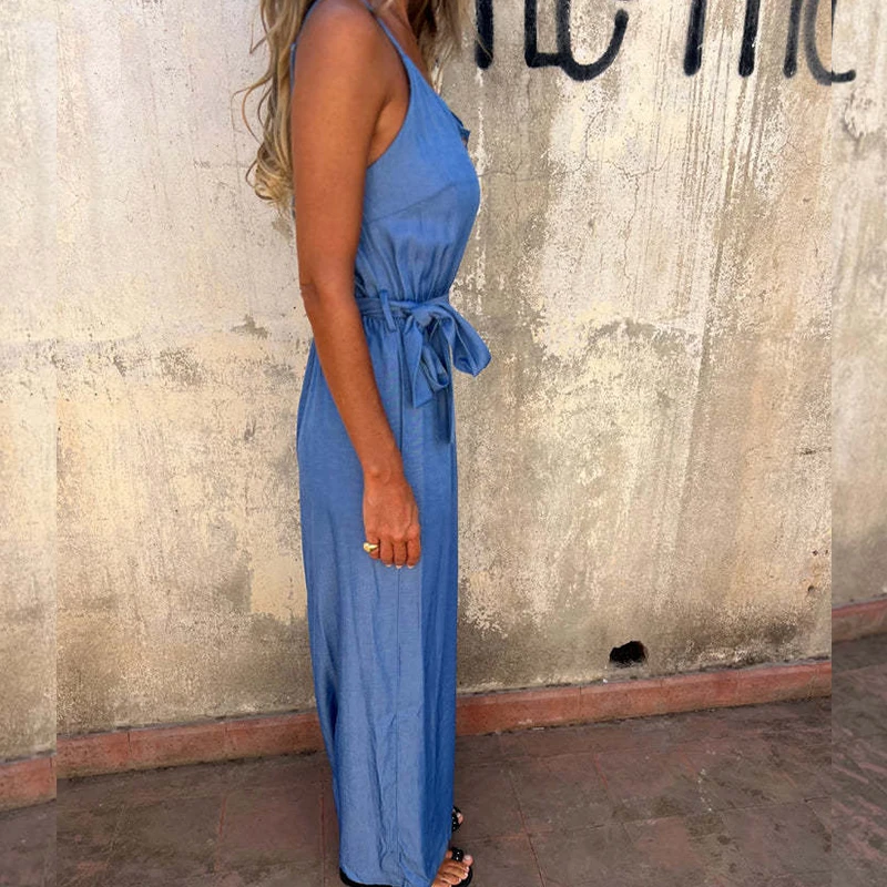 Spring Summer Sleeveless Boho Jumpsuits Women U Neck Button Pocket Sling Playsuit Summer Backless Wide Leg Pants Romper Overalls