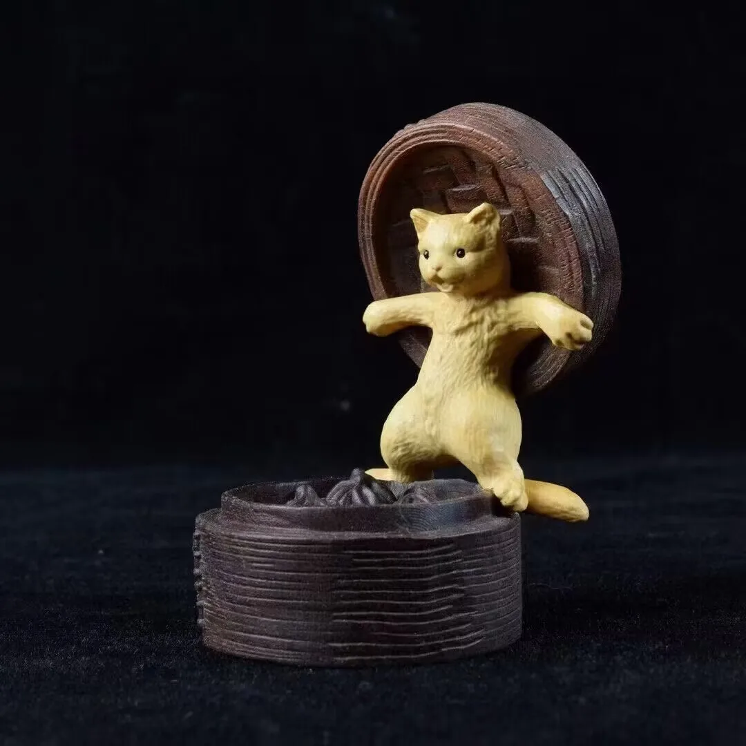 Cute Chinese Boxwood Ebony Wood Vintage Carved Cat Xiaolongbao Statue