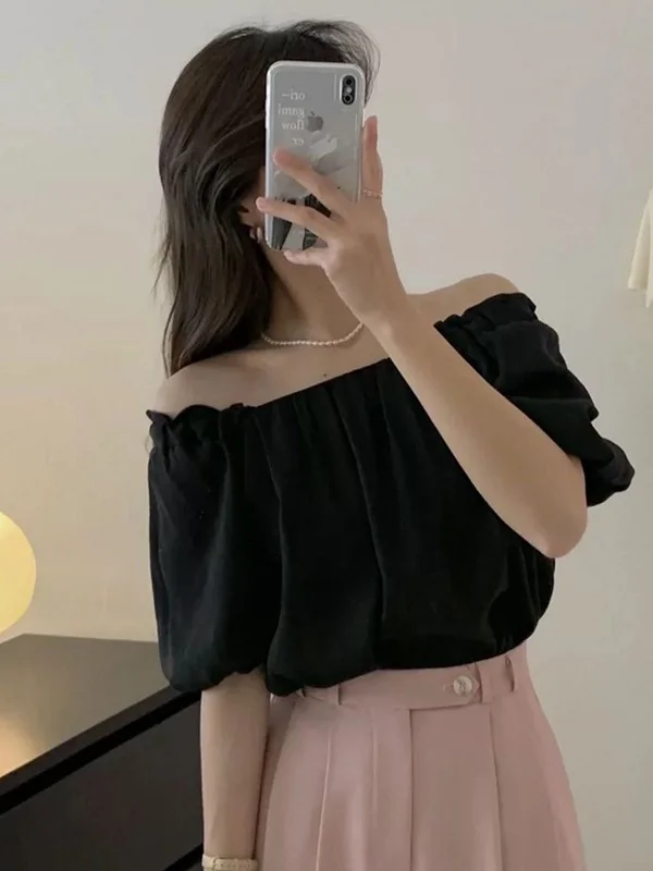 

plus Size 300 Pounds Korean Design One Shoulder Bubble Sleeve Casual Shirt Women Summer Leisure Pleated Blouse Elegant Fashion