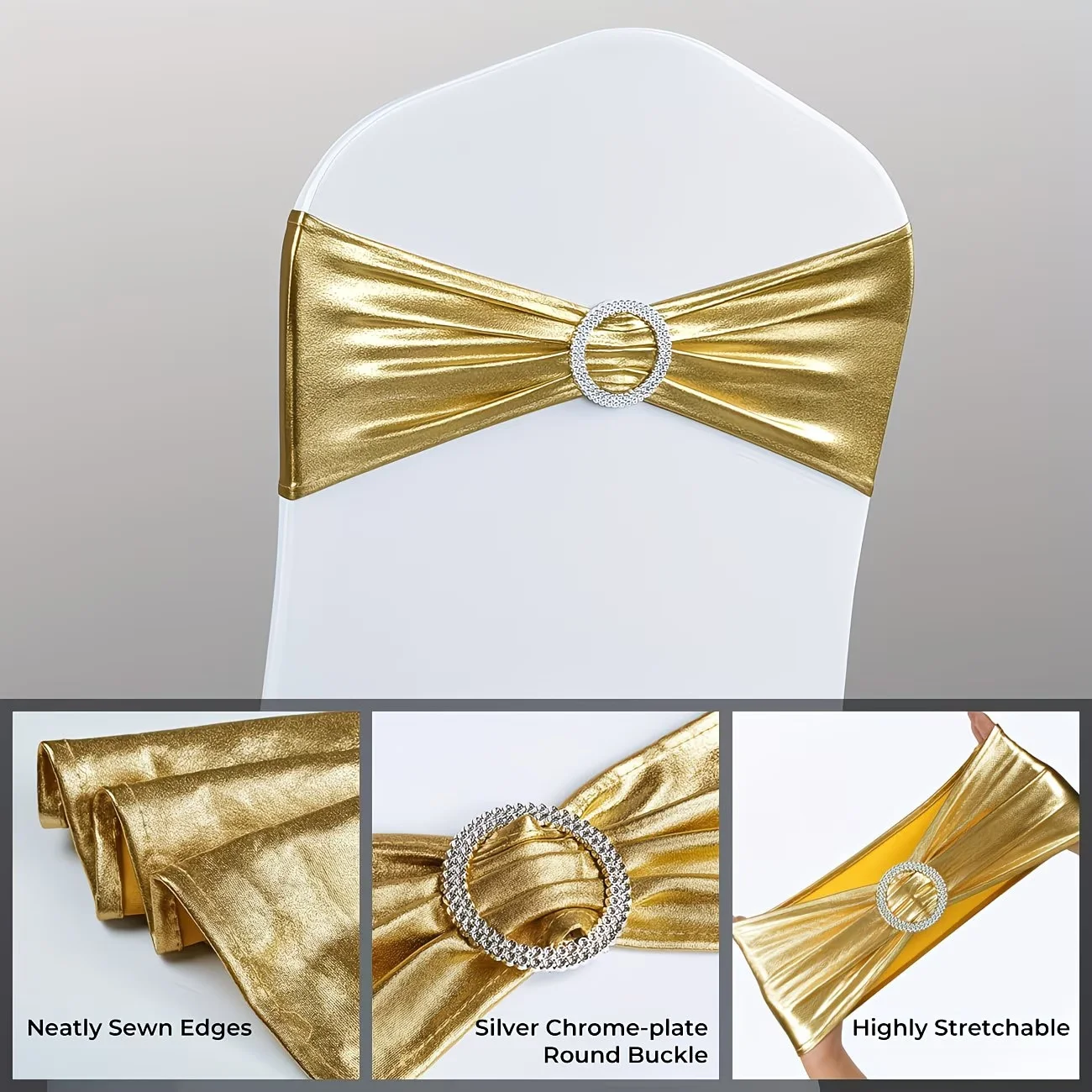 10pcs Shiny Metallic Wedding Chair Sashes Bow Knot Bands with Round Buckle for Party Banquet Chair Decoration
