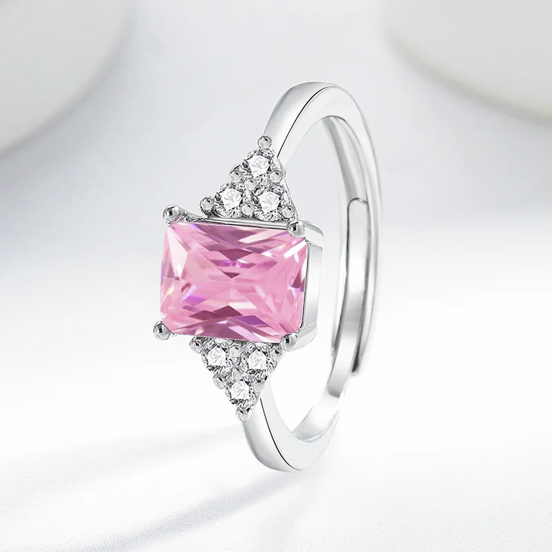 

Vintage 925 Silver Pink Square Gemstone Ring, Dainty Stackable Open Ring, Fashion Statement Jewelry for Party Wedding