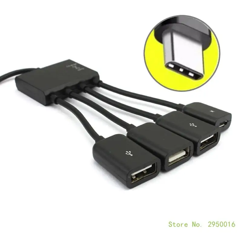 4 Port Micro USB TypeC Power OTG Extender Hub Cable Black For Tablet Smartphones Charging Connection