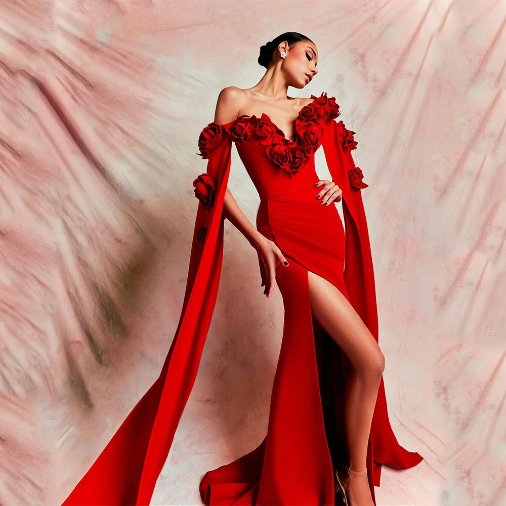 Custom Saudi Dress Cloak Sleeves Floor Length Off The Shoulder Flowers Women's Evening Dress Mermaid Formal Wedding Party Dress