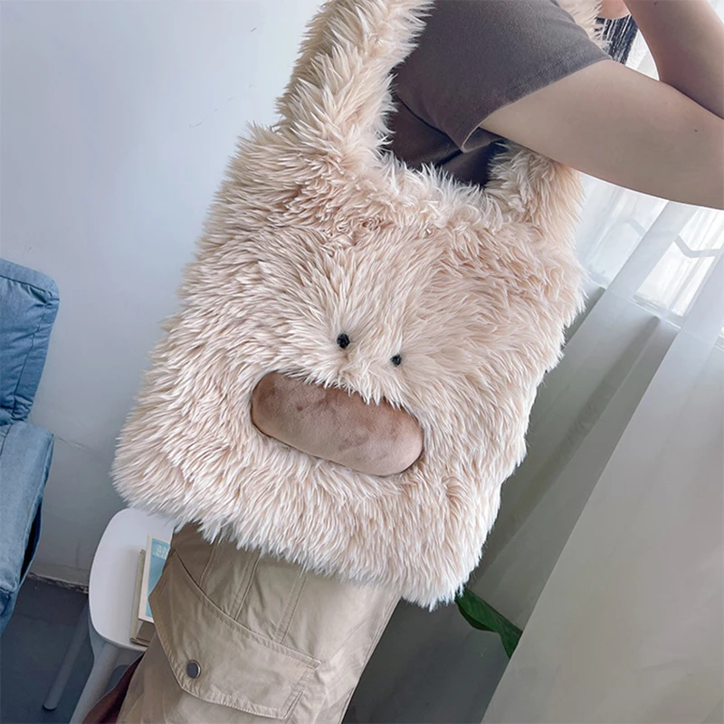 Winter Burst Cartoon Hairy Handbag Fun Expression Cute Small Handbag Plush Comfortable Cute Large Capacity Bag Birthday Gift