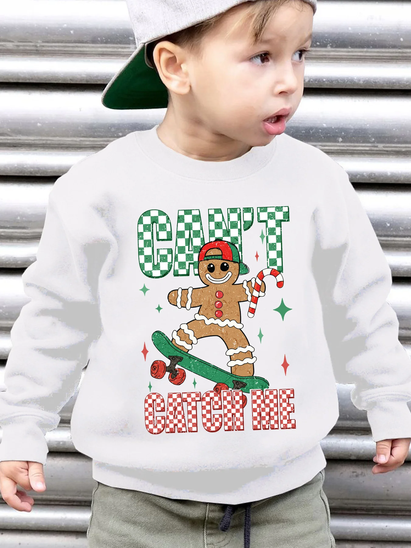 Christmas Boys' Autumn/Winter Fashion Fleece Sweatshirt CAN'T CATCH ME Gingerbread Man Cartoon Print Loose Fit