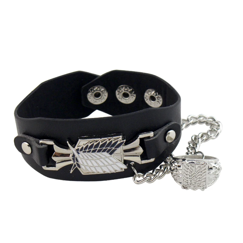 Attack on Titan Wings of Freedom Leather Bracelet Black Chain Ring Cosplay Unisex Jewelry Gift Accessories New