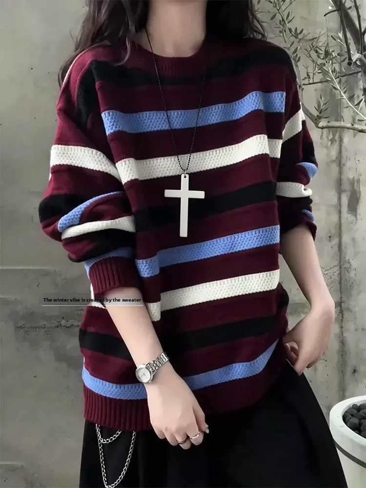 Retro Korean Style Striped Color Block round Neck Sweater Men Women Loose Fit Soft Warm Knitted Top for Autumn Winter