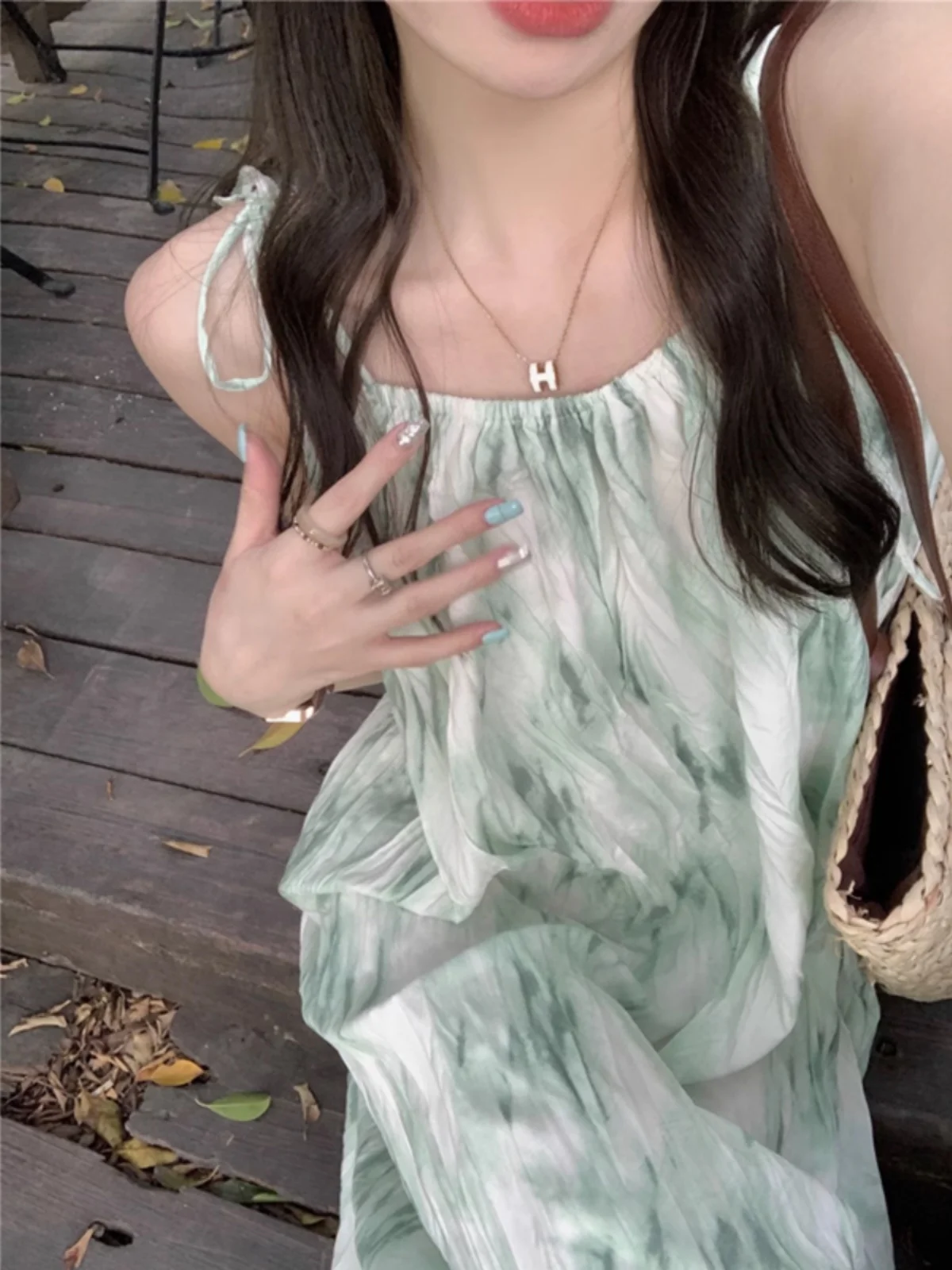 Chic Summer 2023 Women\'s Off-Shoulder Midi Dress Tea Break Vacation Loose Waist Print Korean Style V-Neck A-Line Gown
