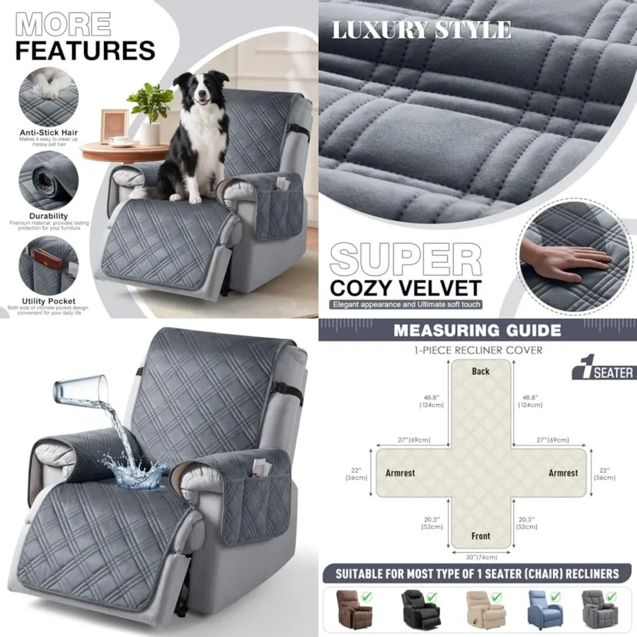 

100% Waterproof Recliner Chair Cover, Recliner Covers for Recliner Chair with Pocket, Non Slip Reclining Chair Cover Furniture