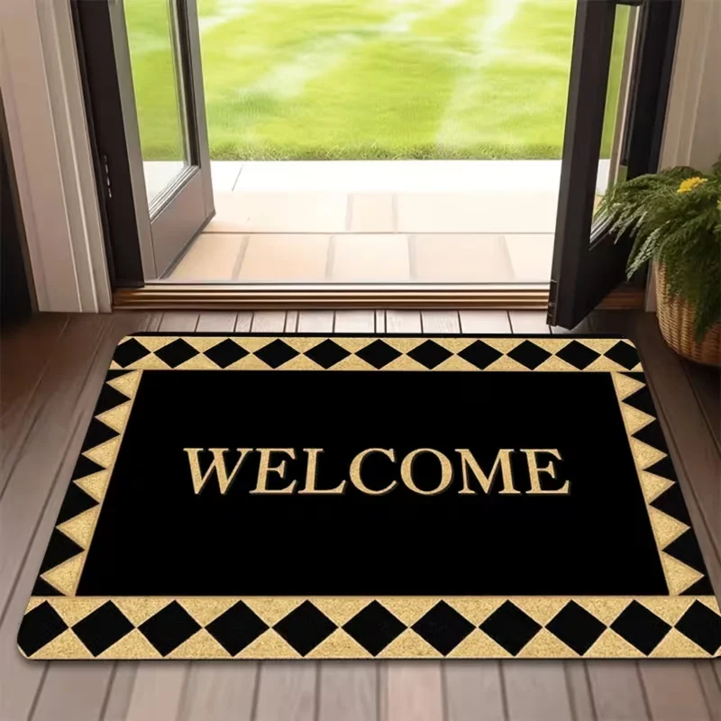 Black Gold Diamond Border Simple WELCOME Letter Doormat Anti Slip Floor Mat Luxury Minimalist Front Door Mat