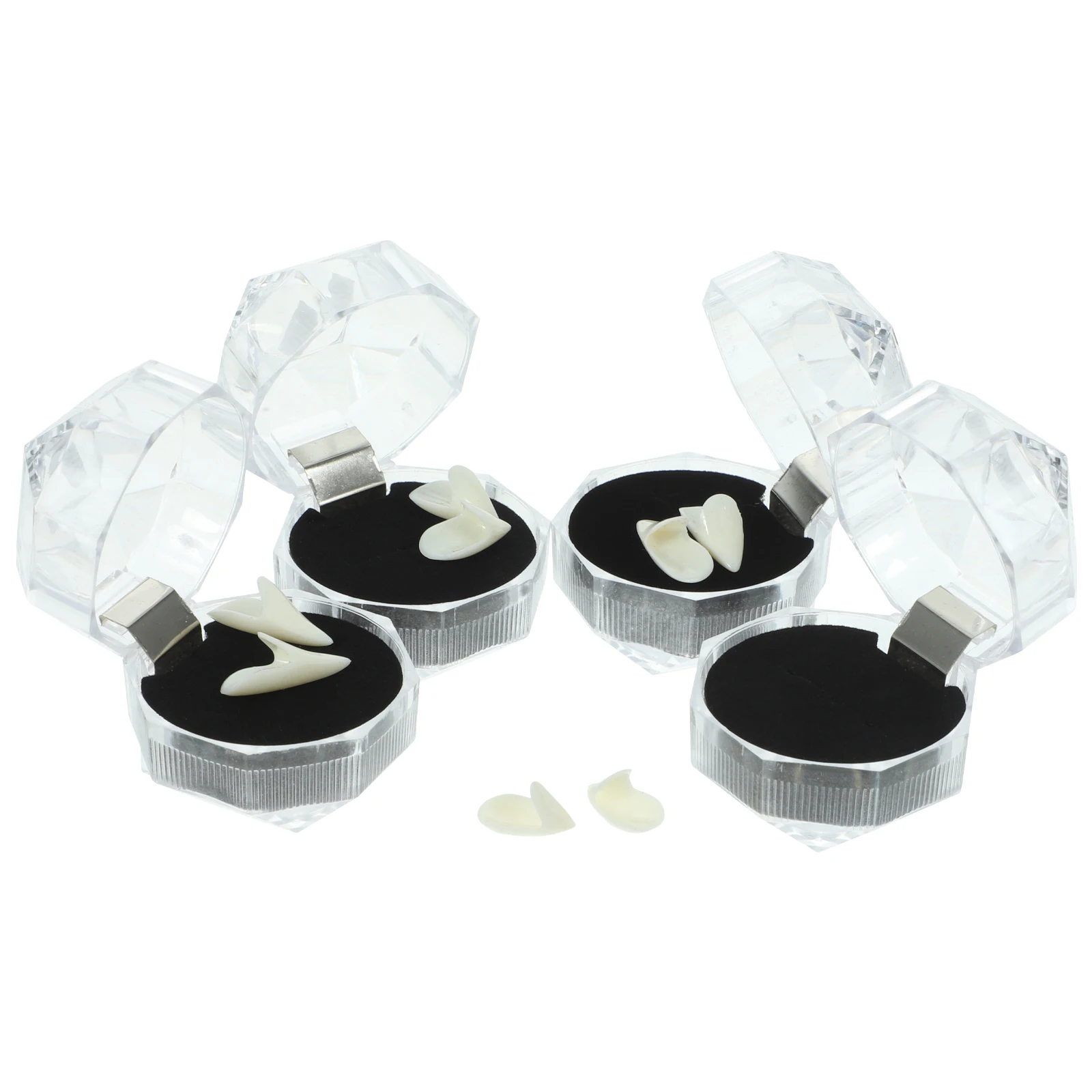 4 pares de colmillos de vampiro, diseño de punta dividida de resina realista, 13mm, 15mm, 17mm, 19mm, caja transparente, fiesta de dientes de Halloween, Cosplay