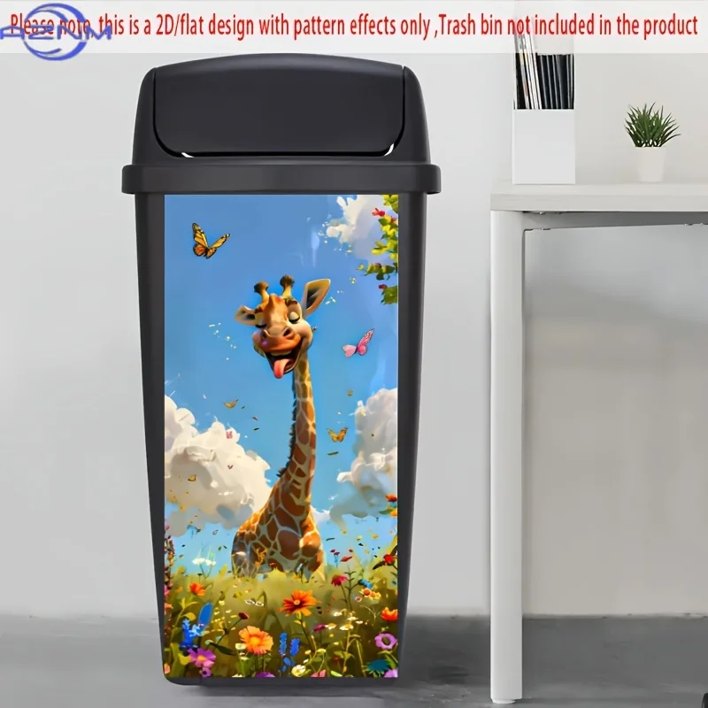 Trash Can Sticker. 37.01*81.99cm. Giraffe, Butterflies and Flowering Plants Pattern. Cheerful and Childlike. Creative Trash Ca view 4