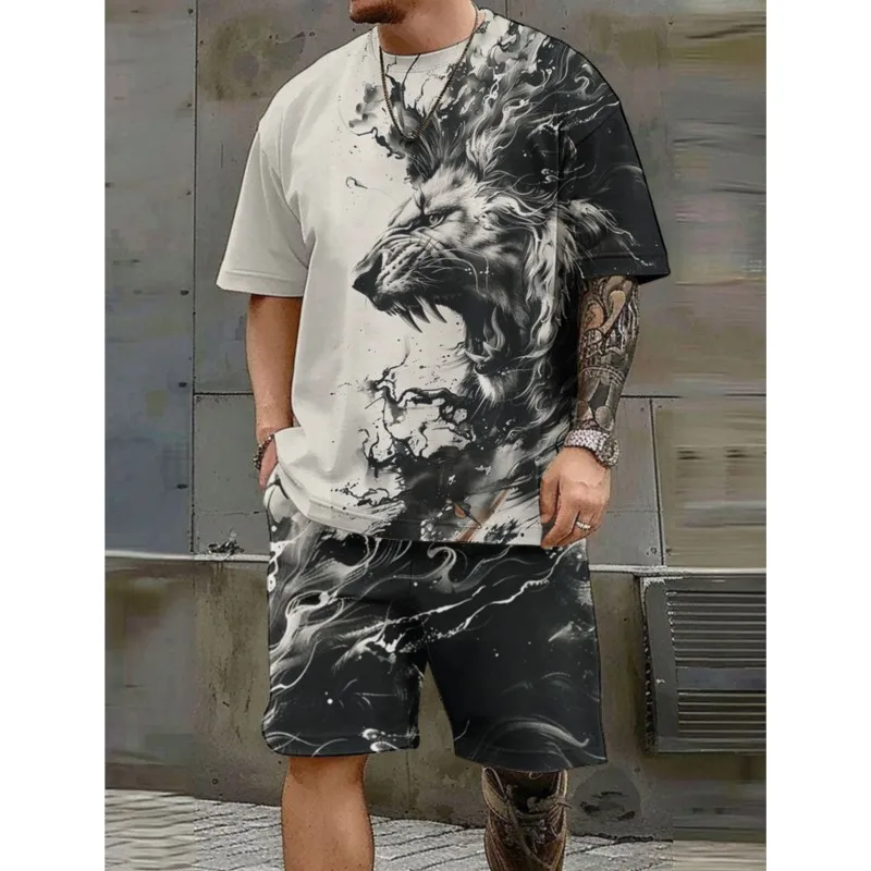 

Casual Fashion Men's Short-sleeved Shorts Suit Majestic Lion Print Personalized Trend 2 Piece Set Comfortable And Breathable