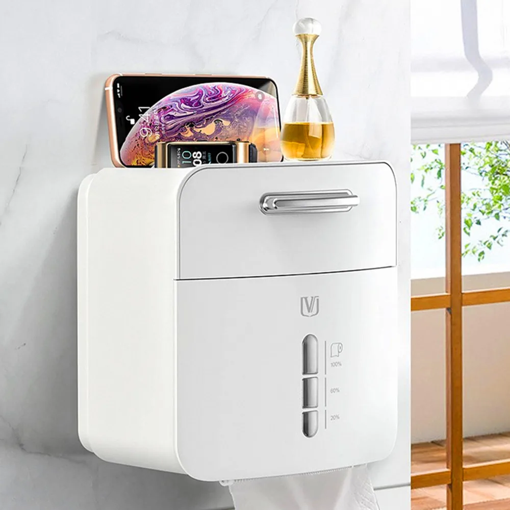 No Punching Roll Paper Box Drawer Storage Case Waterproof Wall Mounted Mobile Phone Tablet PC Holder Toilet Tissue Dual Purpose