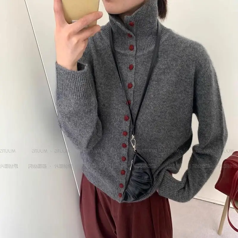 

Dark gray high-neck long-sleeved sweater for women 2025 autumn and winter new style light luxury high-end simple fashion tops