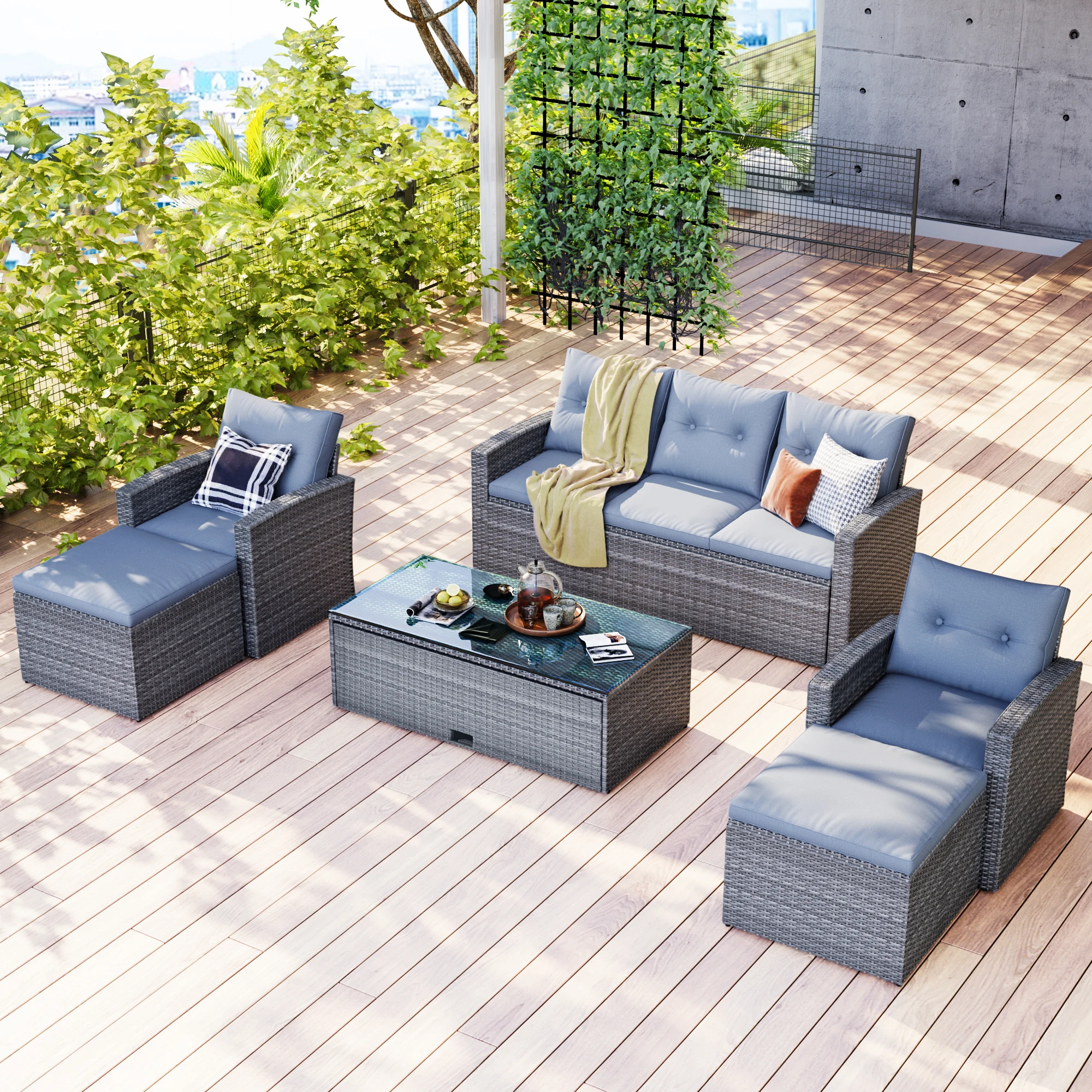 

6Pcs All-Weather Wicker PE Rattan Patio Outdoor Dining Conversation Sectional Set W/Coffee Table Wicker Sofas Ottomans Cushions