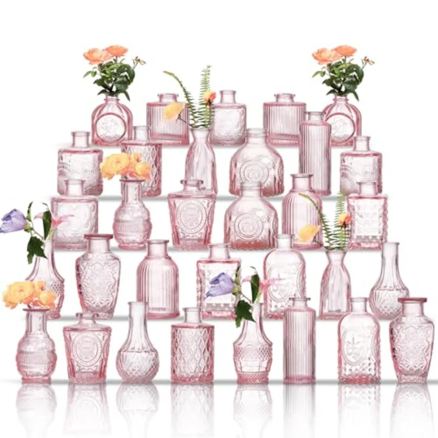 

Glass Bud Vases Set of 32 - Assorted Small Mini Glass Vases for Flowers, Crystal Vintage Vase Set, Bulk Centerpieces for Table