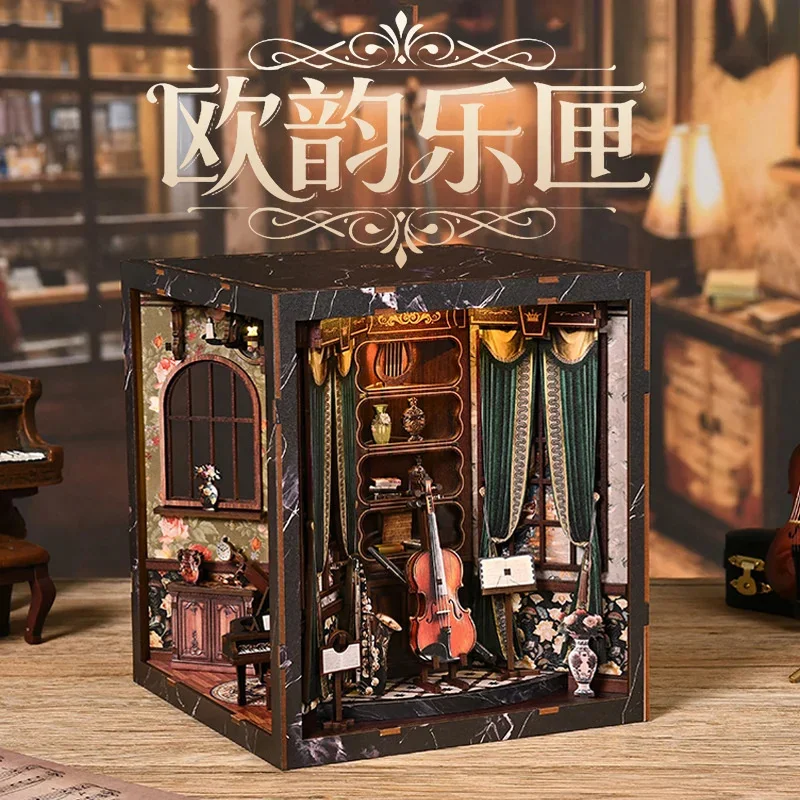 DIY Miniature Book Nook Kit Ornament Werewolf Photo Wooden Dollhouse With Light Bookshelf Insert Four Sided 3D Puzzle Decor Gift