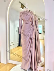 Pink Satin Beaded Muslim Hijab Evening Dresses Long Sleeve High Neck Formal Party Gown Arabic Dubai Women Robes De Soirée