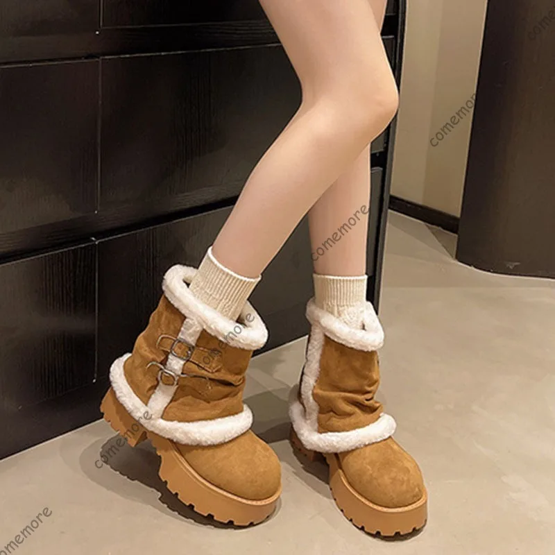 Comemore Height Increaseing Warm Thick Bottom Snow Boots Women's 2025 New Winter Retro Padded Cotton Shoes Chunky Heeled Botines