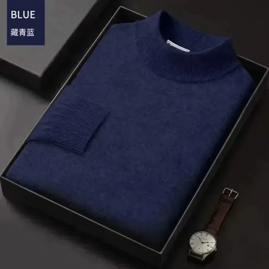 New 2025 Men's Mock Collar 100% Pure Woolen Sweater Tops Autumn Winter Cashmere Sweater Men Pullover Knitted Warm Sweater Male