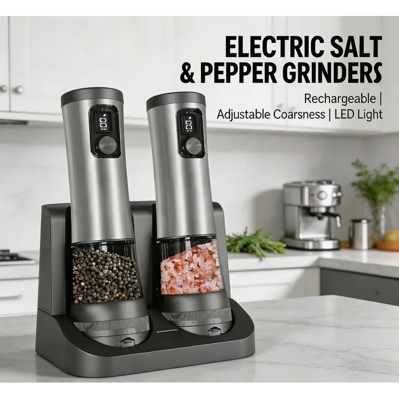 Automatic Salt and Pepper Grinder Set Rechargeable Base LED Display Kitchen Utensils Spice Processing Tool