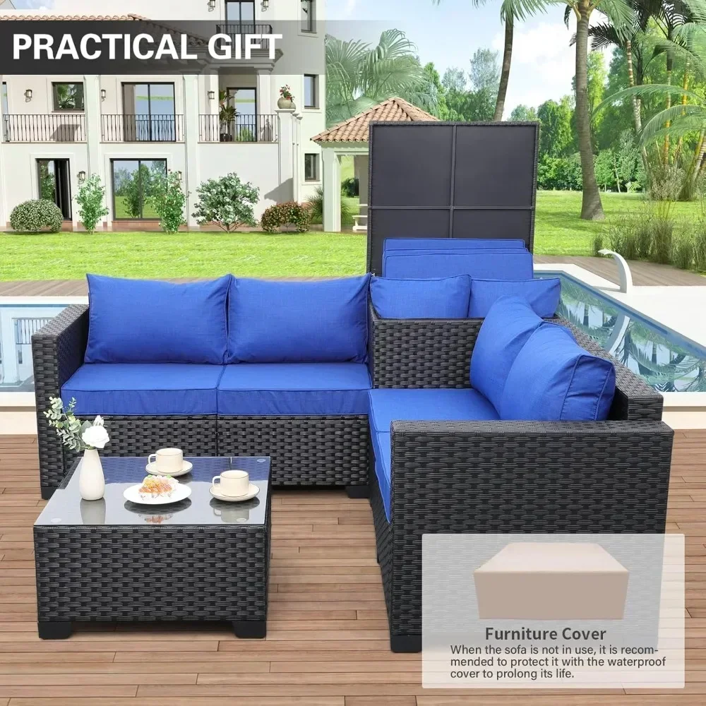 PE Wick Furniture Set 4-piece Set, Terrace Black Vine Segmented Sofa with Storage Box, Glass Countertop and Anti Slip Cushion