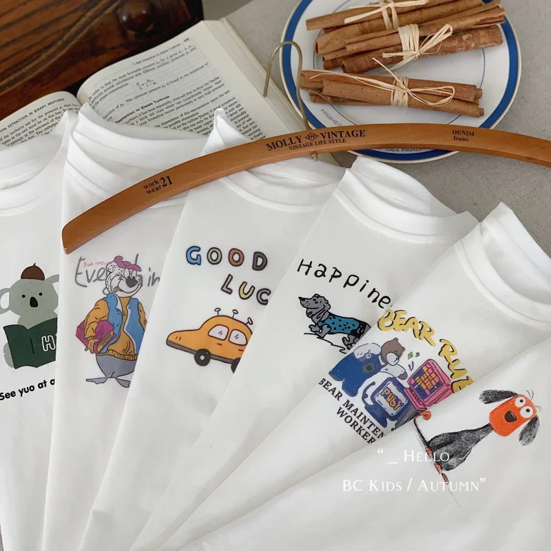 

ChildrenTT-shirt2024Autumn New Boy round Neck Cartoon WhiteTPullover Long-Sleeved Shirt Trendy G0320