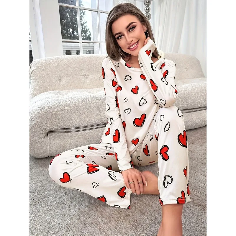 

GLEC Women's Casual Four Seasons Outdoor Pajama Set with Love Printed Comfortable Slimming Women's Pajama Set Home Clothes