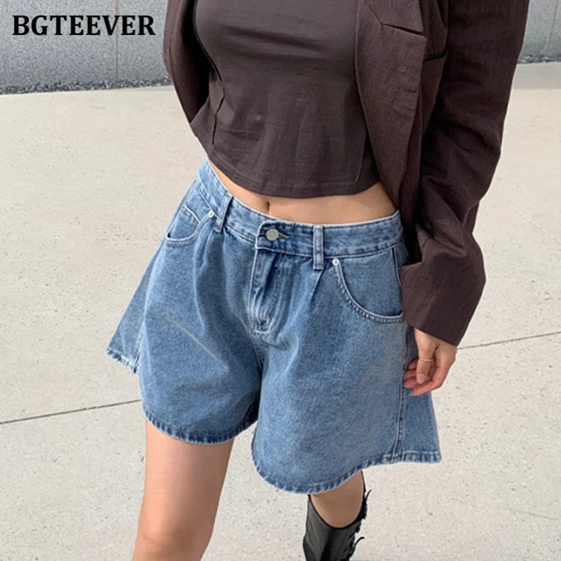 BGTEEVER Summer High Waist Pockets Female A-line Denim Shorts Casual Loose Single Button Wide Leg Jeans Shorts Women