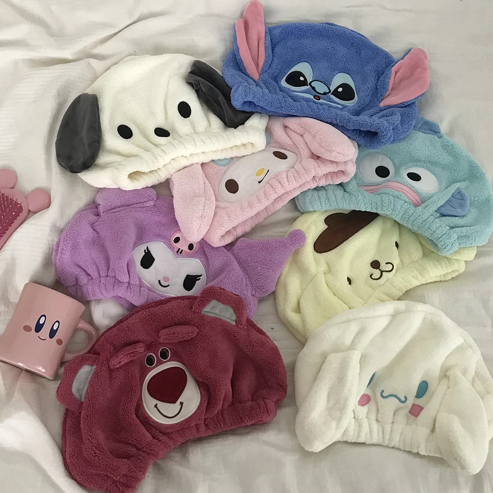 Sanrio Kuromi My Melody Hair Towel Hangyodon Cinnamoroll Pochacco Lotso Stitch Dry hair cap Coral Fleece Quick-Dry towel