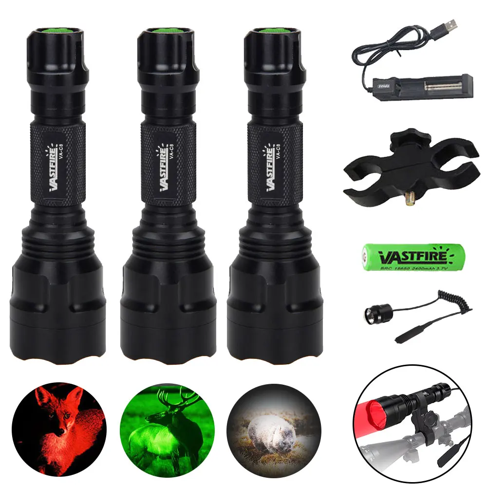 

Powerful Red C8 Flashlight Tactical Green/Red/White Torch Lamp 1-Mode Predator Handheld Torch+Clip+Tail Switch+18650+Charger Set