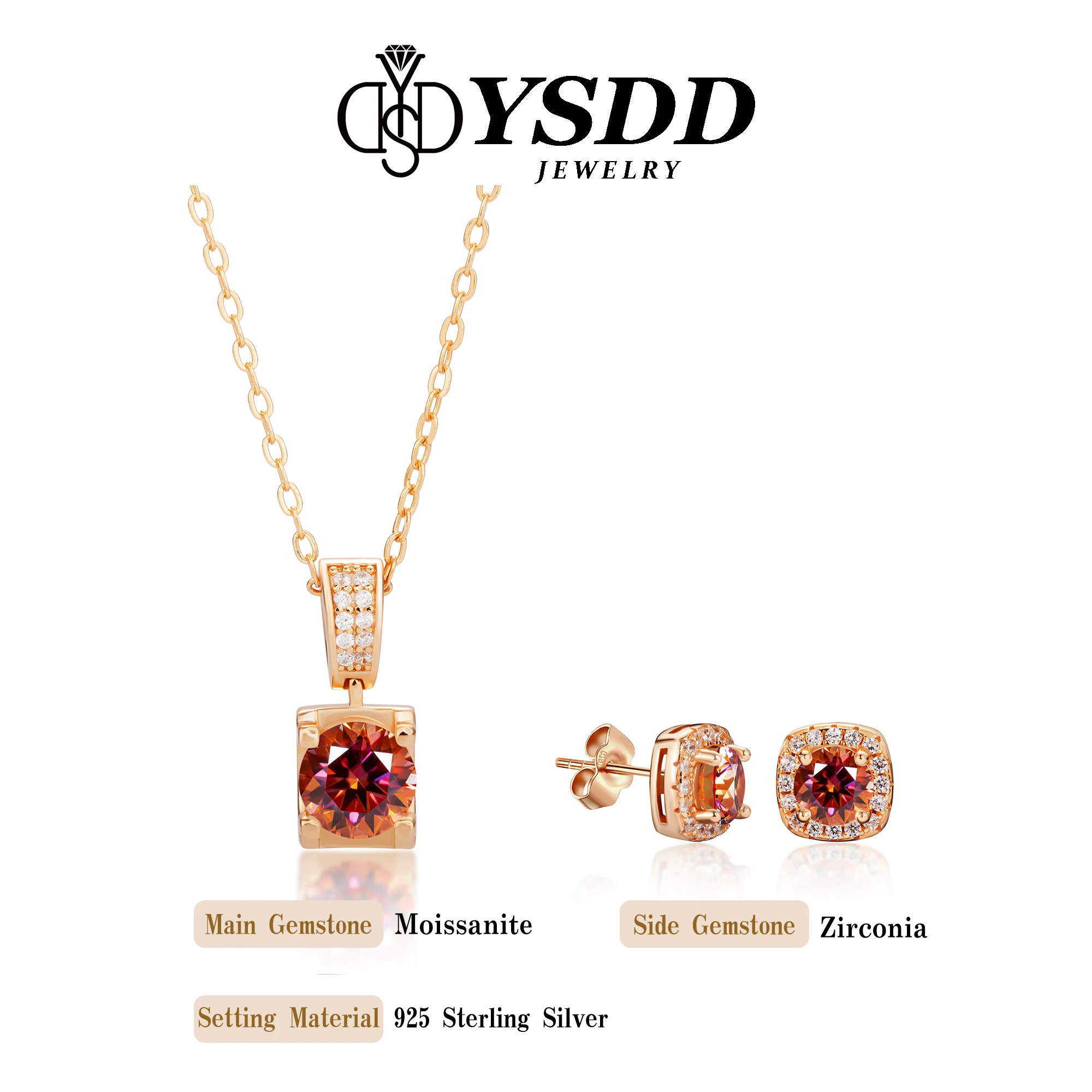 #127 YSDD Fashion 925 Sterling Silver 0.5 Carat Square Bun Earrings 1 Carat Bullhead Necklace Moissanite Rose Gold Jewelry Set