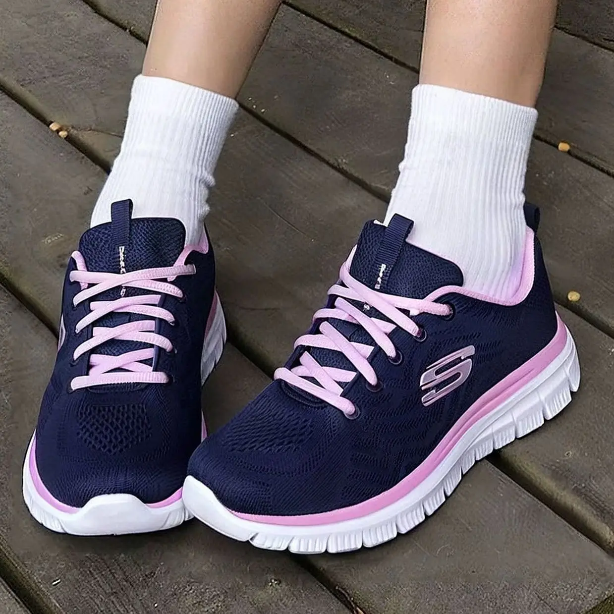 Womens Running Shoes 12615-NVPK Pink Navy Blue Mesh Synthetic Overlay Lace Up Low Top Heel Pull Tab Cushion Comfort Midsole Ligh
