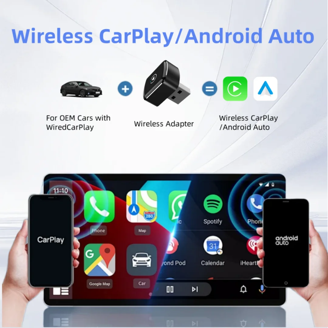 محول CarPlay وAndroid Auto اللاسلكي 2 في 1 - توصيل وتشغيل، توصيل تلقائي سريع، منافذ USB/USB-C، ملحقات السيارة الأساسية
