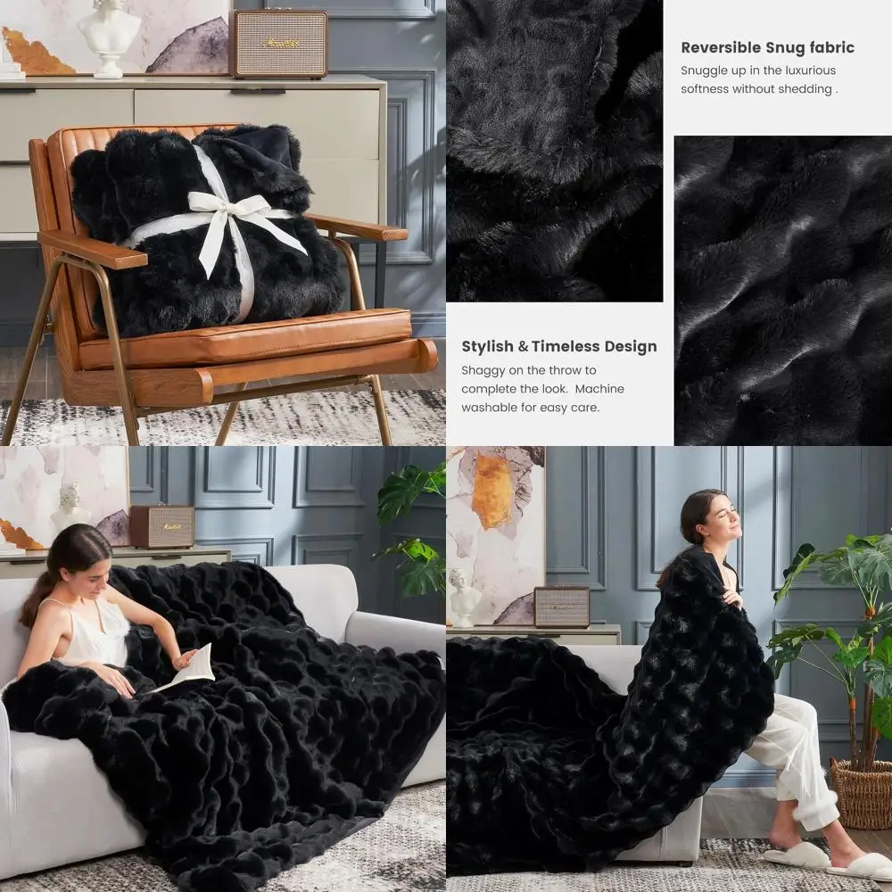 

Black 60x80 Plush Faux Fur Throw for Sofa, Cozy Bubble Blanket for Living Room & Bedroom