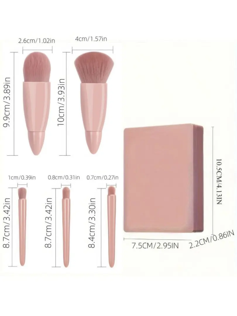 Mini Makeup Brush Set with Mirror, 5Pcs Soft Bristle Cosmetic Brushes, Portable Pink Beauty Tool for Blush Eyeshadow Foundation
