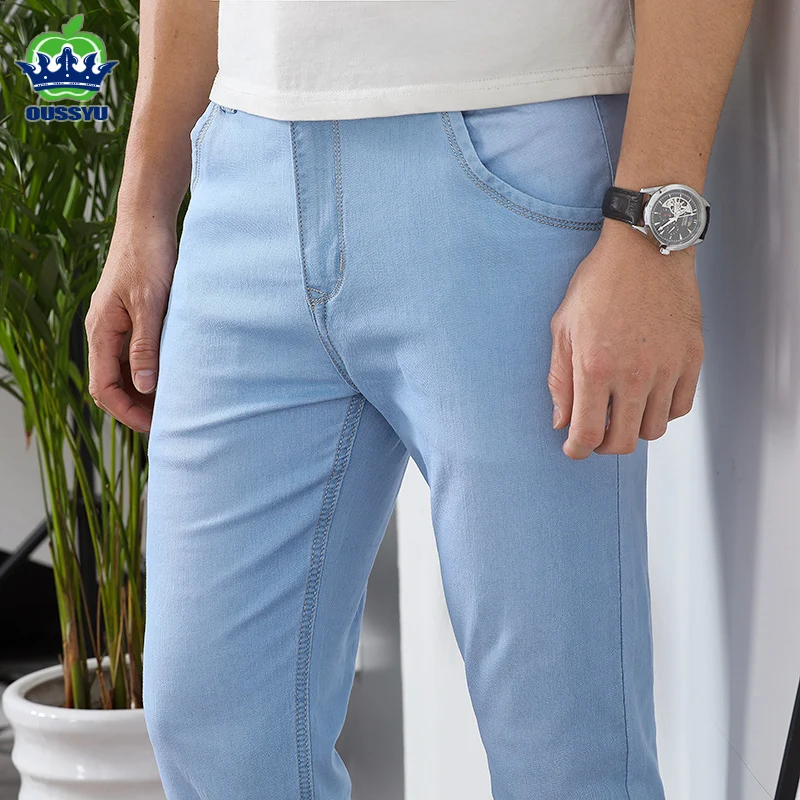 

OUSSYU Classic Style Brand Light blue Jeans Men Casual Stretch Slim Denim Pants Fashion Cotton Thin Trousers Male 28-40