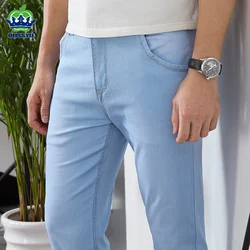 OUSSYU Classic Style Brand Light blue Jeans Men Casual Stretch Slim Denim Pants Fashion Cotton Thin Trousers Male 28-40