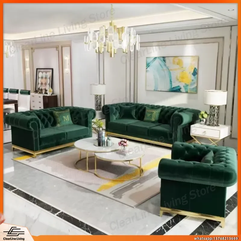 Luxury Green Velvet Sofa Set Living Room Tufted Modern Sectional Couch with Wooden Legs High Density Sponge Comfortable Home