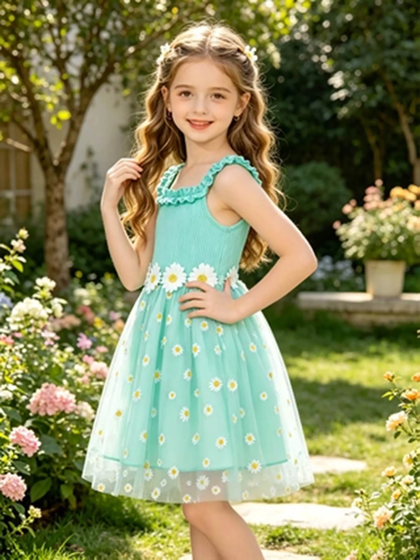 Fresh Daisy Ärmelloses Tüllkleid für Mädchen, gerüschte Schulterträger, 3D-Blumenverziertes Tüll-Tutu-Kleid, Sommerkleid für Li – Detail 4