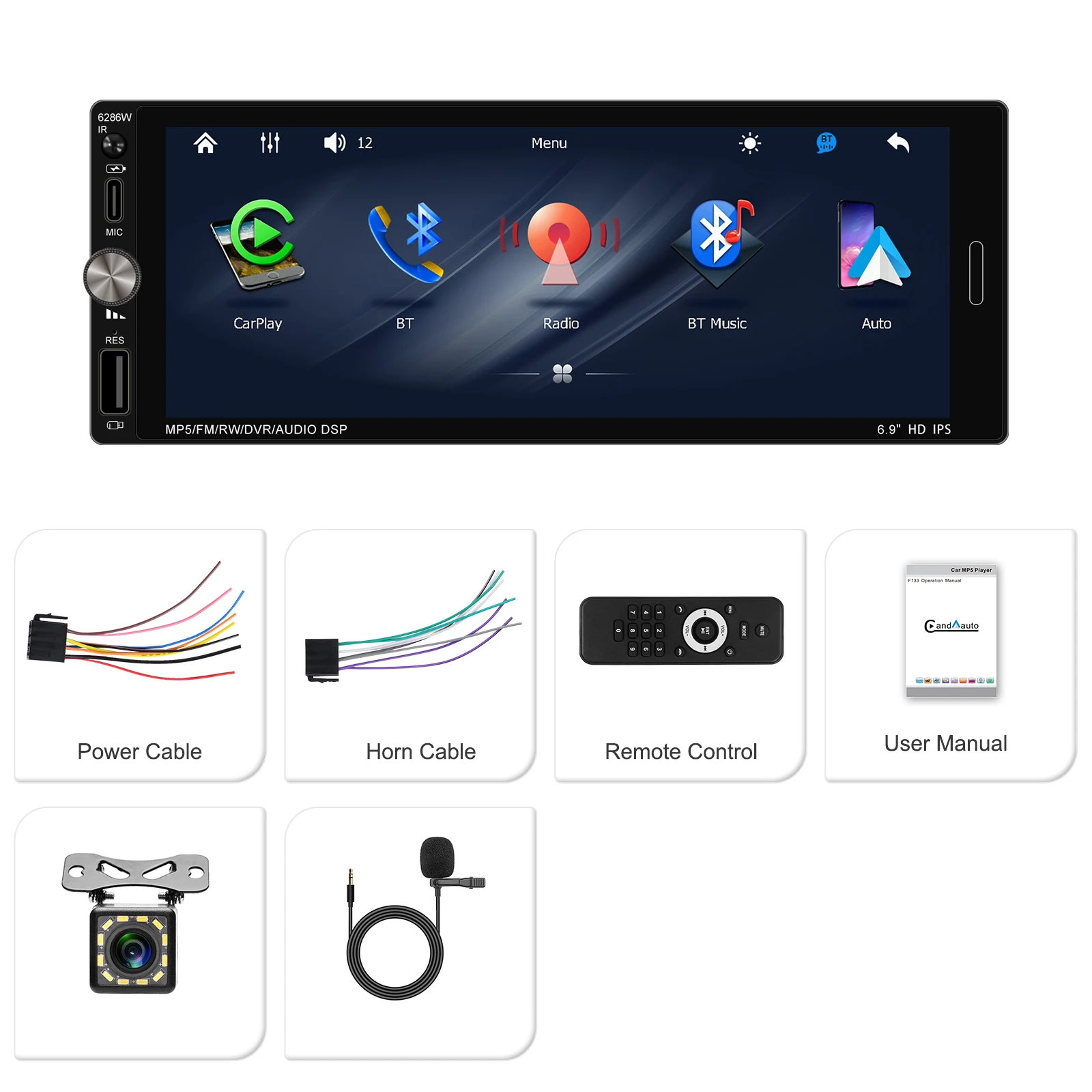 Podofo 6.9 "autoradio 1 Din Draadloze Carplay Android Auto Multimediaspeler HD Touchscreen FM Bluetooth MirrorLink Universeel