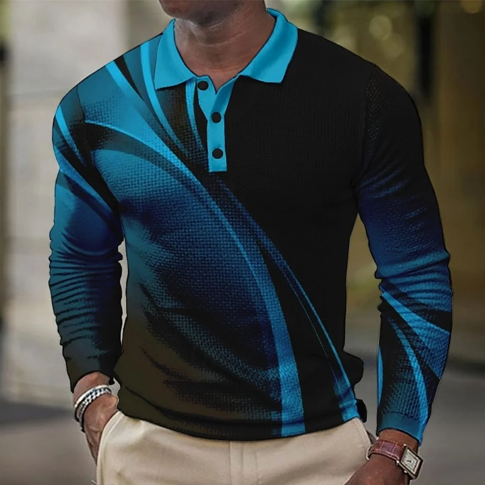 

2026 Fashion Men's Geometry Stripe Long Sleeve Polo Shirt Breathable Casual Tops Slim Fit Quick Drying Classic Collar Polo Shirt