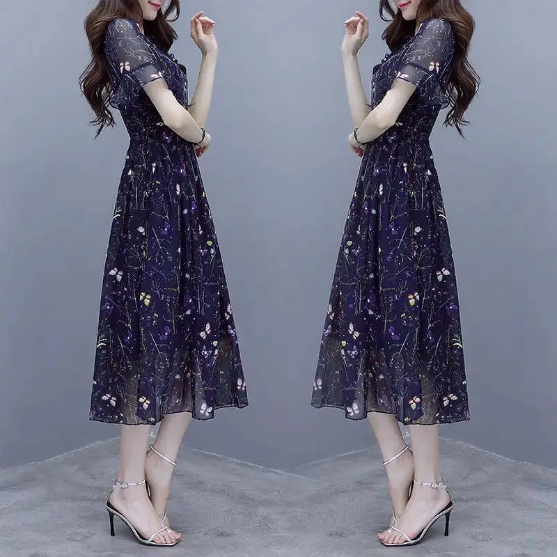 Vintage Printed Bandage Butterfly Sleeve Chiffon Floral Dress Women\'s Clothing 2024 Summer New Commute Midi Dress