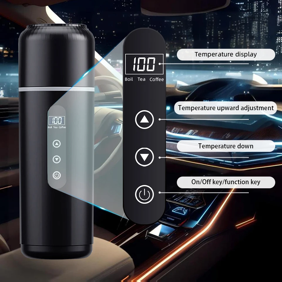 12V/24V Car Heating Cup 500ml Electric Kettle with Temperature Display Three Modes Stainless Steel Travel Heating Thermal Mug