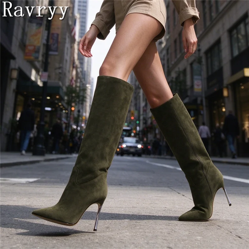 Luxury Suede Knee High Boots Women Fashion New Pointed Toe Metal Stiletto Heel Elegant Long Boot for Evening Party Wedding Club