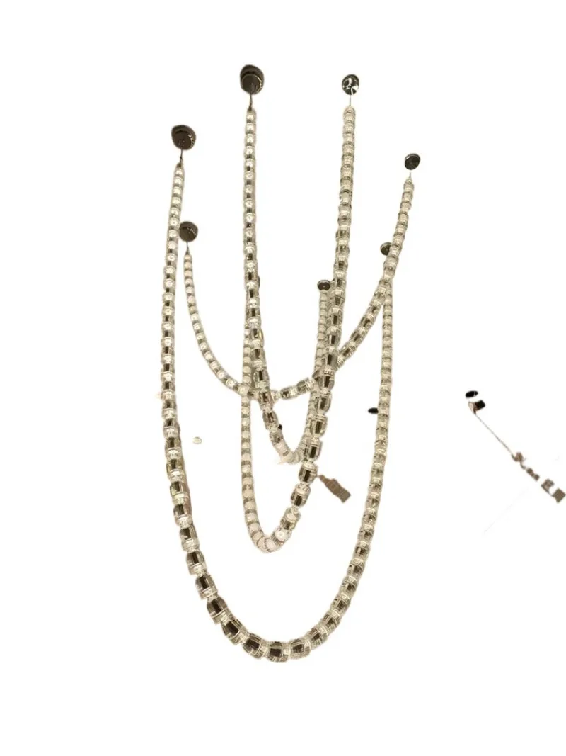 

Light luxury villa duplex building, empty living room chandelier, crystal necklace chandelier