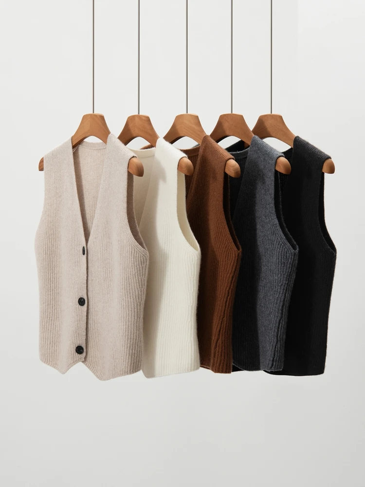 New Women's 100% Pure Cashmere Cardigan Vest V-neck Sleeveless Autumn Winter Simple Soild Knit Waistcoat High-end Outwear Basic
